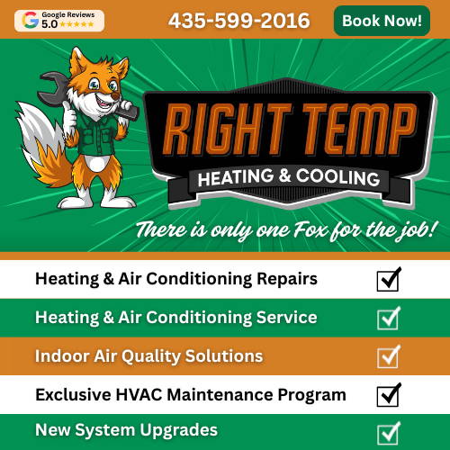 A cartoon fox character wearing a green vest and holding a tool, representing Right Temp Heating & Cooling, with text highlighting their services and phone number.
